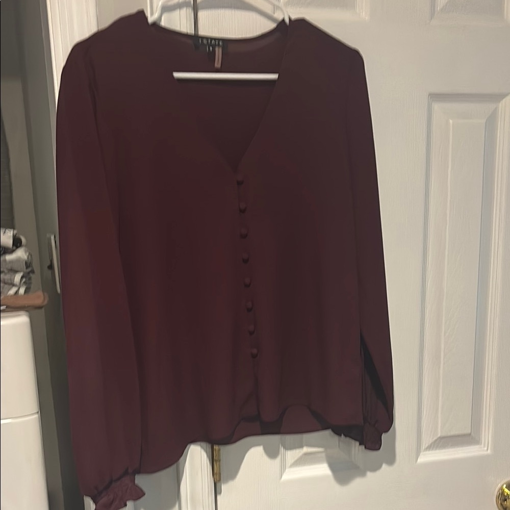 1.STATE Deep Burgundy V-Neck Button Blouse